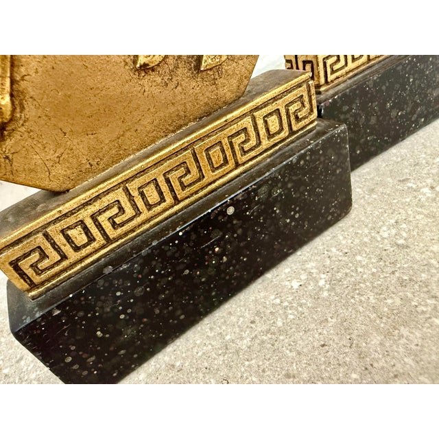 Borghese Rare 1930’s Italian Regency Equestrian Bookends by Borghese With Horse & Greek-Key Design in Gold Gilt on a Black Faux Granite Base- A Pair For Sale - Image 4 of 12