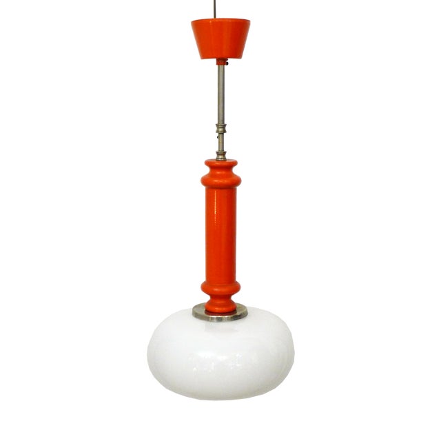 Vintage Space Age Pendant Light in Orange Wood & Opaline Lampshade, 1960s For Sale
