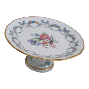 Limoges France Small Floral Pedestal Dessert Cake Plate Stand Ribbon Bows 4401b