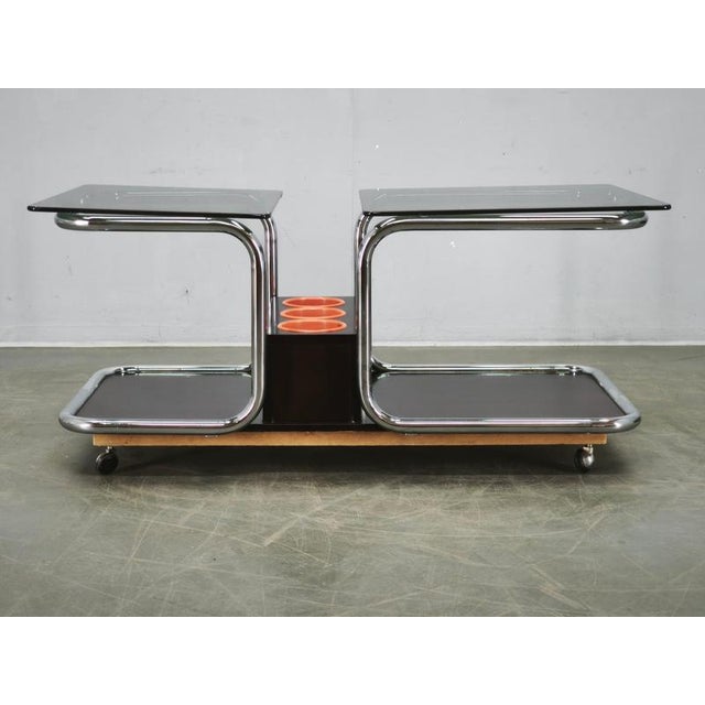 Space Age Chrome, Smoked Glass and Wood Bar Cart, 1970s For Sale - Image 13 of 15