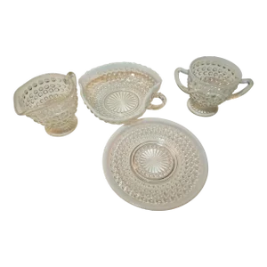 1940s Anchor Hocking Moonstone Depression Glass Creamer, Sugar Bowl & Saucer Set- 3 Pieces