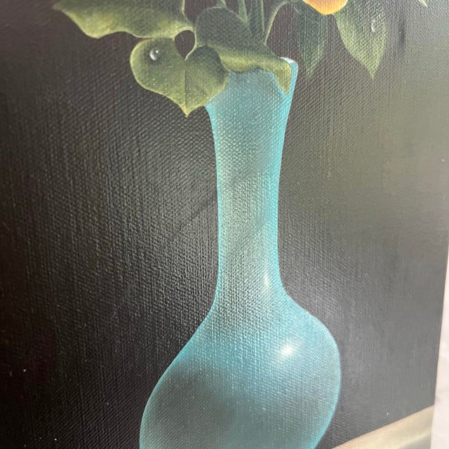 Original Still Life Oil Painting by Joseph Vella Turquoise Vase and Flowers For Sale - Image 9 of 9