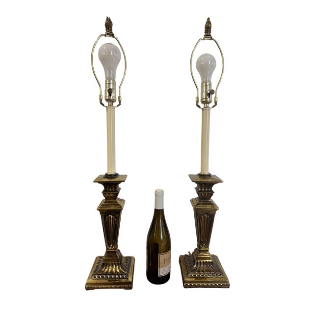 Brass Tall 32” Solid Brass Column Lamps – Vintage Neoclassical Statement Pair For Sale - Image 8 of 10