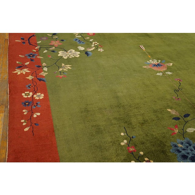 1920s Green Floral Antique Chinese Deco Rug 8' X 10' Knotted Wool Carpet For Sale - Image 4 of 6