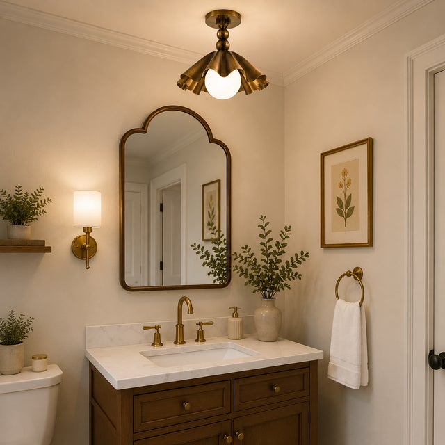 Handmade Brass Flower Flush Mount Light, Brass Ceiling Light, Vintage Floral Ceiling Fixture, Milk Glass Globe Lamp for Bedroom Hallway For Sale - Image 9 of 12