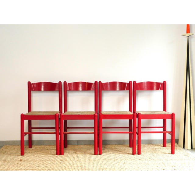 Postmodern Red Lacquered Wooden Chairs with Braided Rope Seats, 1980s, Set of 4 For Sale - Image 3 of 12
