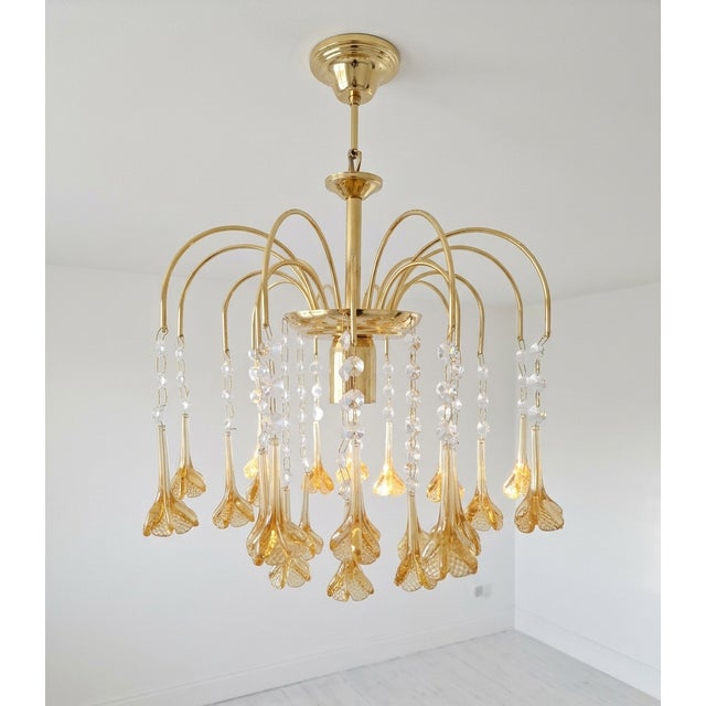 Vintage Gold Rain Chandelier with Crystals and Handmade Murano Glass Flowers, Italy, 1966 For Sale - Image 12 of 18