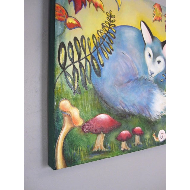 Contemporary Blue Fox by Zoa Ace | Oil on Canvas Blue fox resting among ferns and mushrooms. For Sale - Image 3 of 5