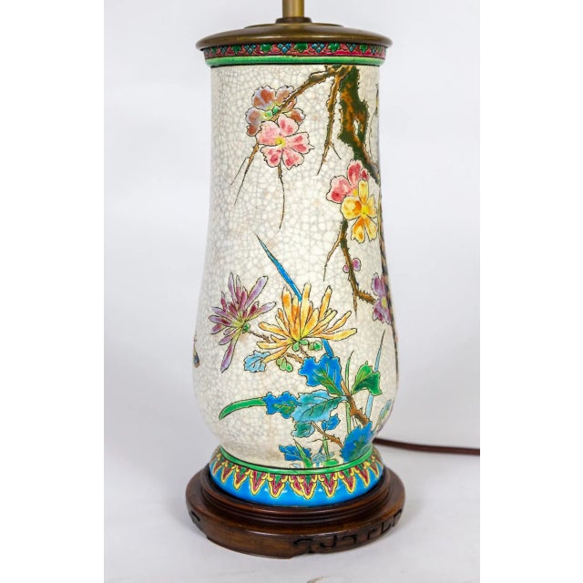 Early 20th Century Crackle Glaze Ceramic Lamp With Painted Peacock & Flower Scene For Sale In San Francisco - Image 6 of 9
