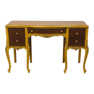 Vintage Antique Louis XV French Provincial Style 50" Two Tone Vanity Table W. Gilded Accents 723-768
