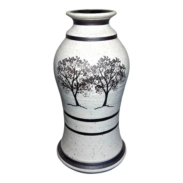 Vintage Contemporary Style Studio Pottery Speckled Stoneware Trees Motif Baluster Vase Signed Js (20th Century) For Sale