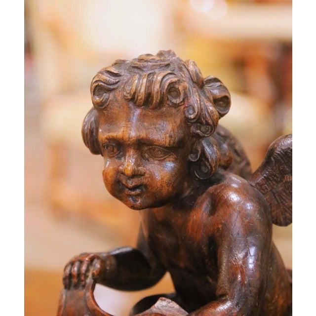 French 18th Century French Carved Oak Winged Putto With Fleur-De-Lys Heraldic Shield For Sale - Image 3 of 10