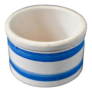 Antique Blue and White Striped Ceramic Butter Crock For Sale