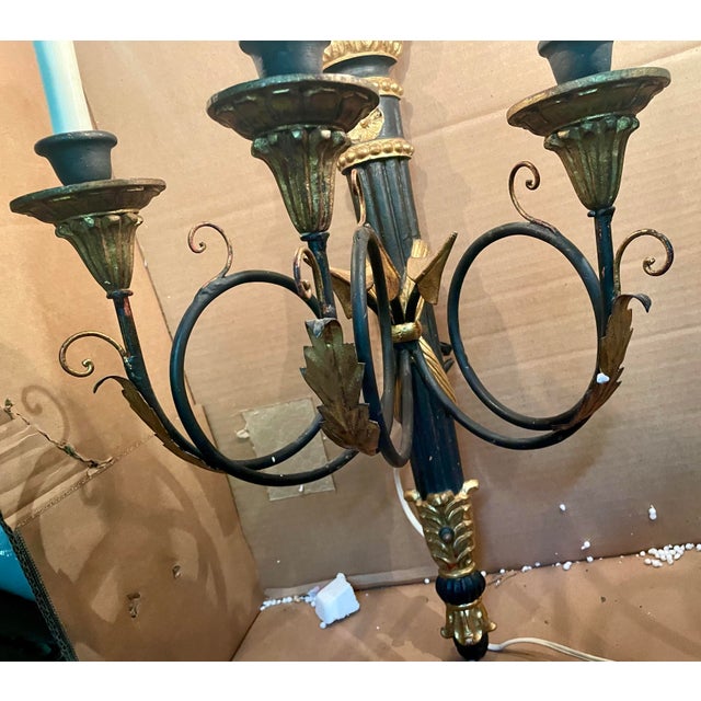 Pair Neoclassic Italian Carved Wood Iron Black Gold Painted Arrow Wall Sconces For Sale - Image 12 of 12