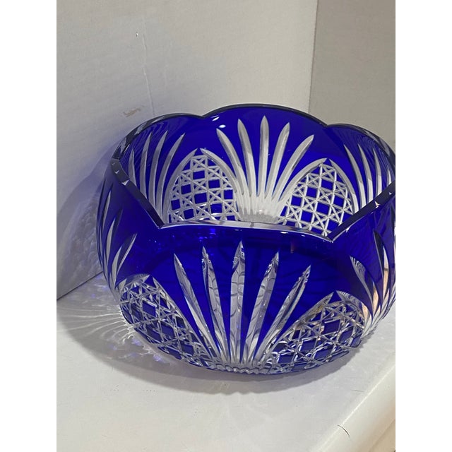 Glass Vintage Cobalt Blue Cut-to-Clear Crystal Bowl, Bohemian Style, Scalloped Rim For Sale - Image 7 of 7