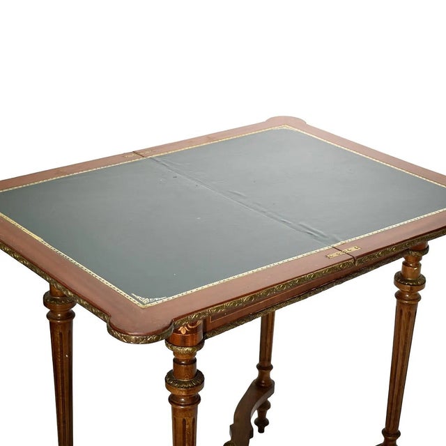 1950s French Style Fold Over Game Table Satinwood Inlay Brass Ware For Sale - Image 4 of 7