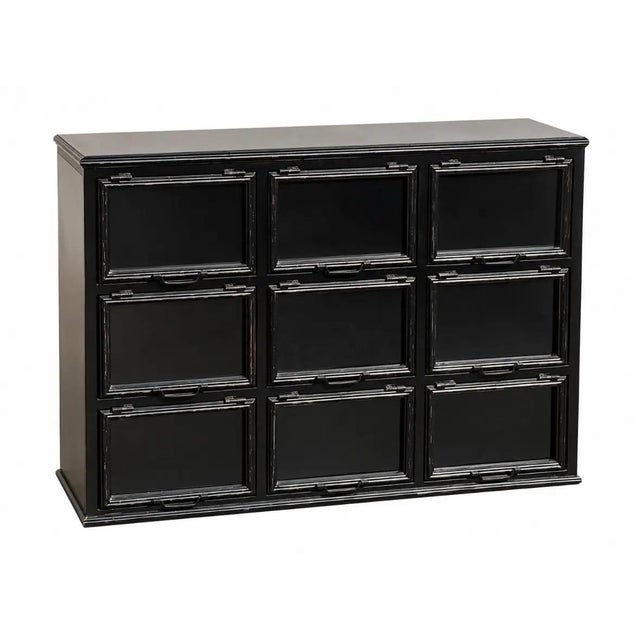 A distinctive industrial-style cabinet crafted from black metal with nine individually framed glass-front doors that lift...