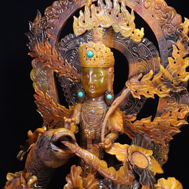Late 19th Century Large Carved Faux Horn Bodhisattva on Dragon Sculpture For Sale - Image 9 of 10