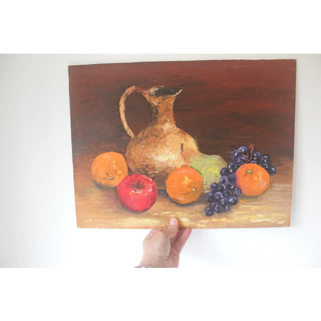 Vintage Oil Painting, Colorful Still Life With Fruit and Jug Pitcher Grapes, Unsigned For Sale - Image 9 of 10