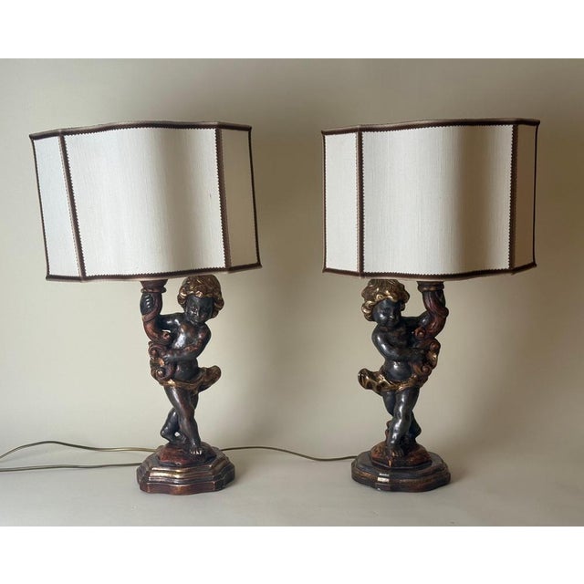 Metal Italian Putti Table Lamps in Giltwood, 1970s, Set of 2 For Sale - Image 7 of 18