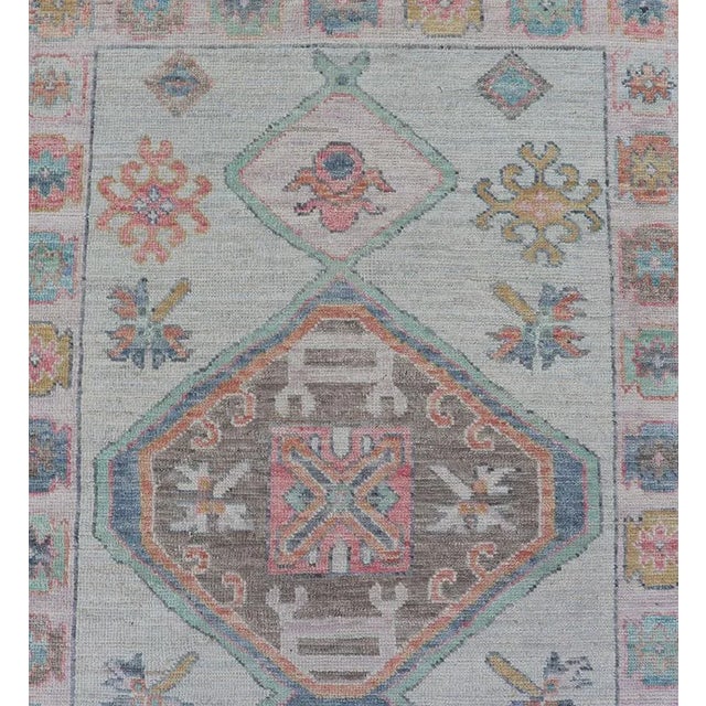 Colorful Modern Oushak Runner With Diamond Medallions and Multi-Tier Border For Sale In Atlanta - Image 6 of 12