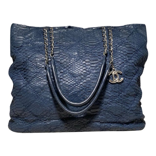 Chanel Navy Blue Quilted Matte Snakeskin Tote For Sale