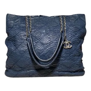 Chanel Navy Blue Quilted Matte Snakeskin Tote