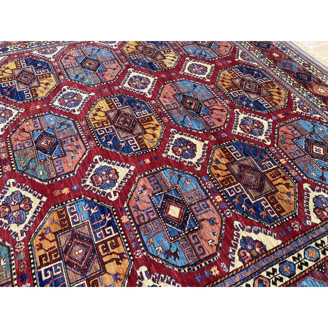 Kazak Rug 8'9" X 12'5" Red Wool Tribal Geometric Hand-Knotted Oriental Carpet For Sale - Image 12 of 15