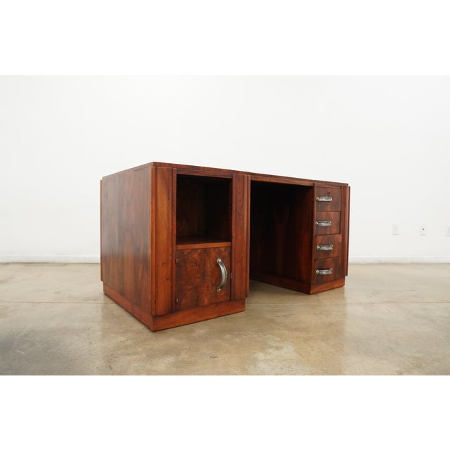 Wood Vintage Art Deco Waterfall Desk & Barrel Back Chair (Set of 2) For Sale - Image 7 of 18