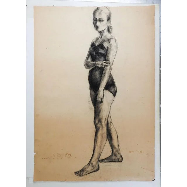 Vintage charcoal on paper female figural study by Geneva Flores Hart Fell (1906-2008) Texas, circa 1950s. Unsigned, from...