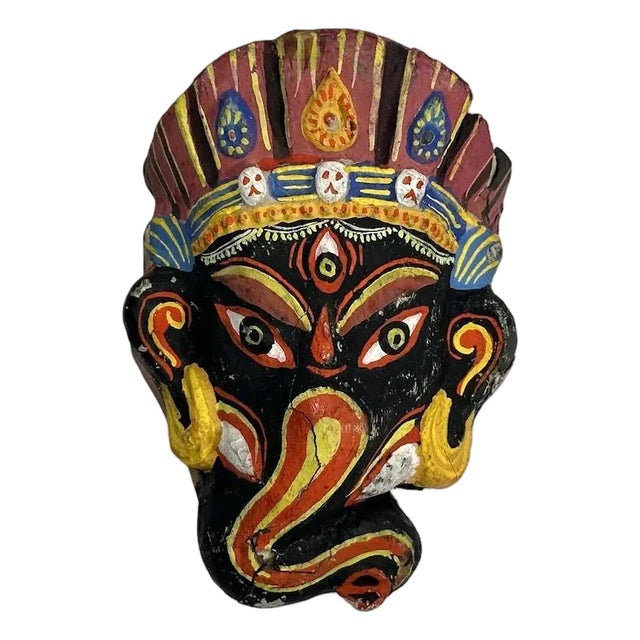 Mid 20th Century Nepalese Hindu Ganesh Papier Mache Mask, Hand Painted Miniature For Sale