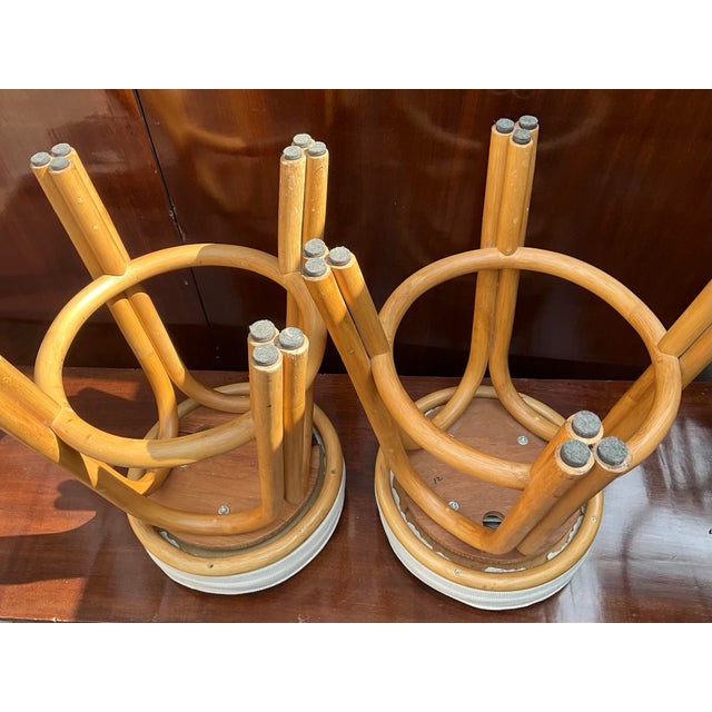 Contemporary Pair of 1990s Rattan Table High Stools White Corduroy Upholstered Swivel Seats For Sale - Image 3 of 7