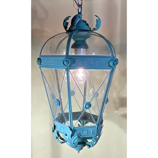 Turquoise Vintage Solid Brass Hanging Lantern - Neoclassical Architectural Pendant Light For Sale - Image 8 of 17