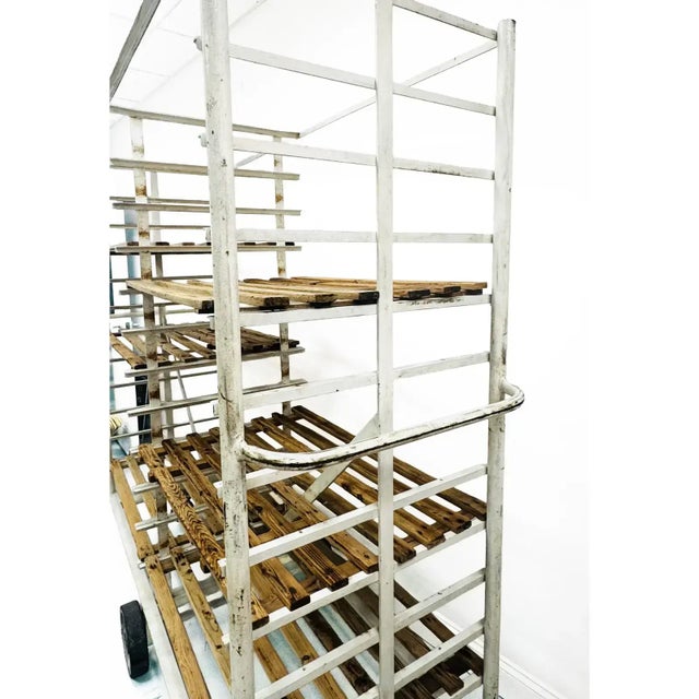Antique Vintage Metal Belgian Bakery Rack Cart With Wheels This is a vintage industrial baker's trolley featuring a white...