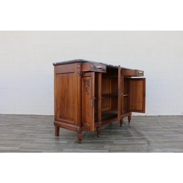 Antique French Art Deco Marble Top Sideboard Buffet Cabinet | Carved Solid Wood Bar Cabinet | Circa 1920s For Sale - Image 12 of 18