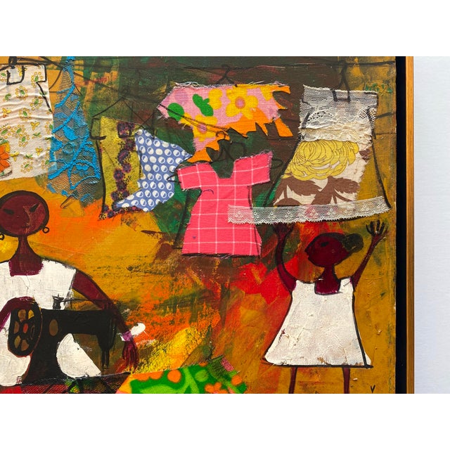 Alizandro Valencia Manzo Vintage Mexican Mid Century Modern " Costurera " Framed Signed Original Mixed Media Painting For Sale - Image 9 of 12