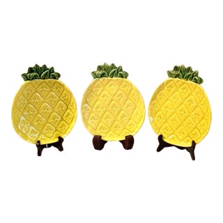 Cemar Clay Products California Pottery Pineapple Plates Set of 3 Yellow Chartreuse Mid Century Salad Dishes For Sale