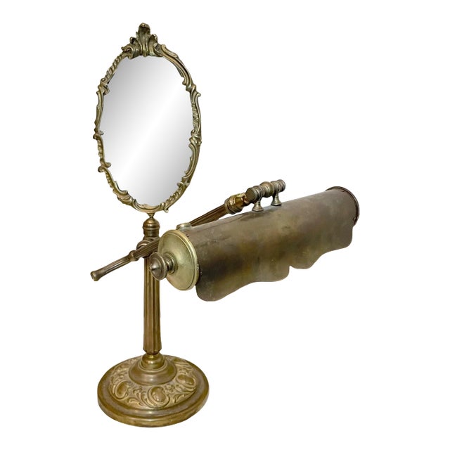 Rare Antique Ornate Dépose Brass Adjustable Vanity Mirror Desk Lamp Combo For Sale