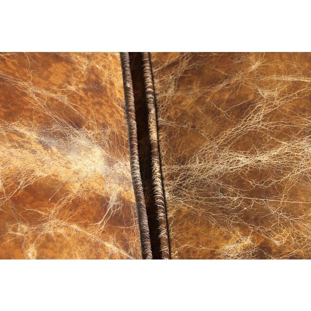 Industrial Distressed Brown Leather Chesterfield Sofa – Three Seat Tufted Sofa With Nailhead Trim & Casters For Sale - Image 10 of 18