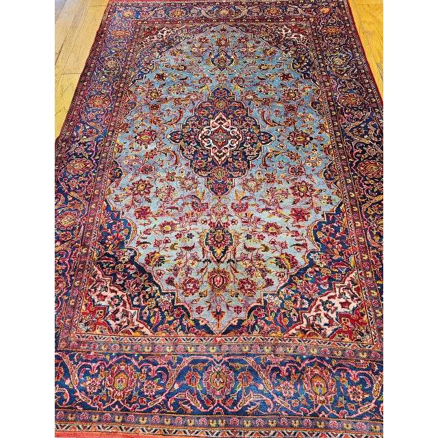 Early 20th Century Persian Kashan Rug, Hand-Knotted Wool, Floral Pattern, Turquoise & Red,6x9 For Sale - Image 13 of 18