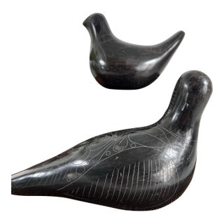 Pair of Vintage Mexican Black Clay Bird Sculptures, Mid-Century Folk Art For Sale