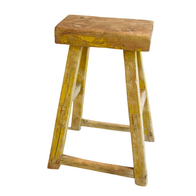 Vintage Rustic Primitive Country Farmhouse Elm Wood Stool Bench Side