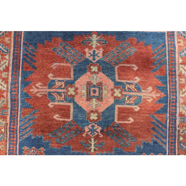 Antique Persian Kurdish Gallery Rug With Blue Field and Bold Geometric Medallion For Sale - Image 10 of 13
