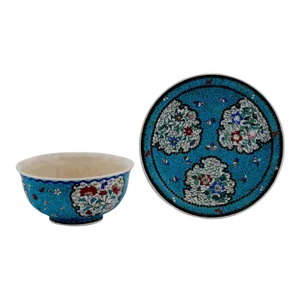 Late 19th Century Japanese Cloisonne Meiji Totai Enamel on Porcelain Bowl Plate Set- 2 Pieces