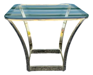 Vintage 1970s Milo Baughman Style Gilt Metal & Glass Top Square Side Table