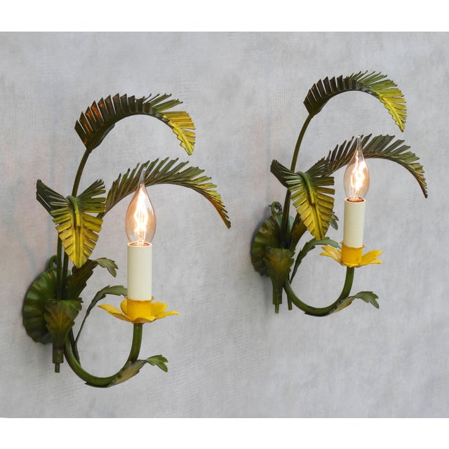 Forest Green Mid-Century Italian Painted Tôle Palm Leaf Wall Lights, 1950s, Set of 2 For Sale - Image 8 of 10