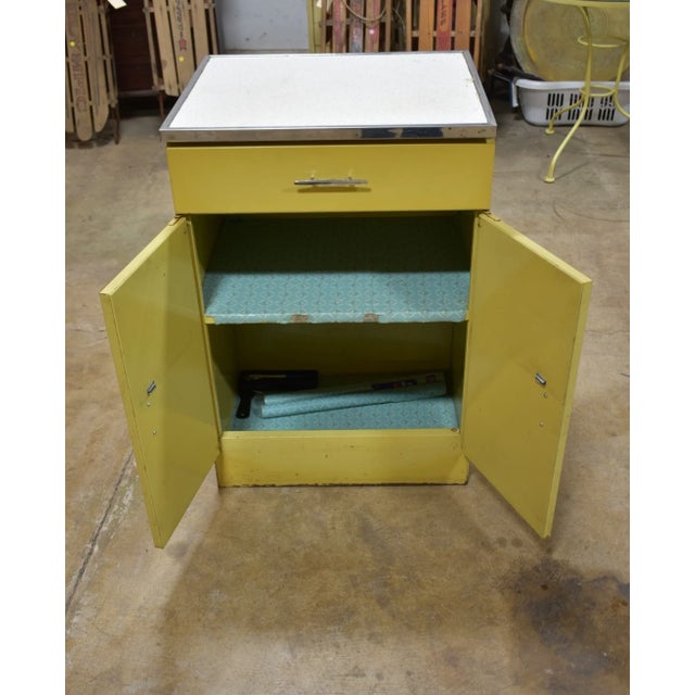 Vintage 1950s Yellow Metal Kitchen Cabinet W/ Formica Top Mid-Century For Sale - Image 4 of 14