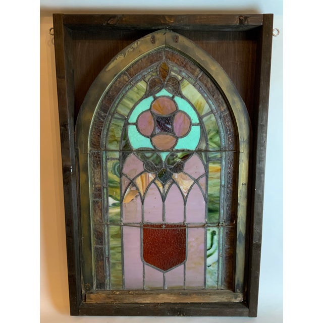 Early 1900's Stained Glass Window in Frame For Sale - Image 4 of 12