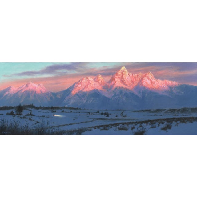 Last Light by Mark Harrison | Oil on canvas Mountain landscape at sunset with snow. For Sale