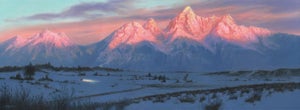 Last Light by Mark Harrison | Oil on canvas Mountain landscape at sunset with snow.
